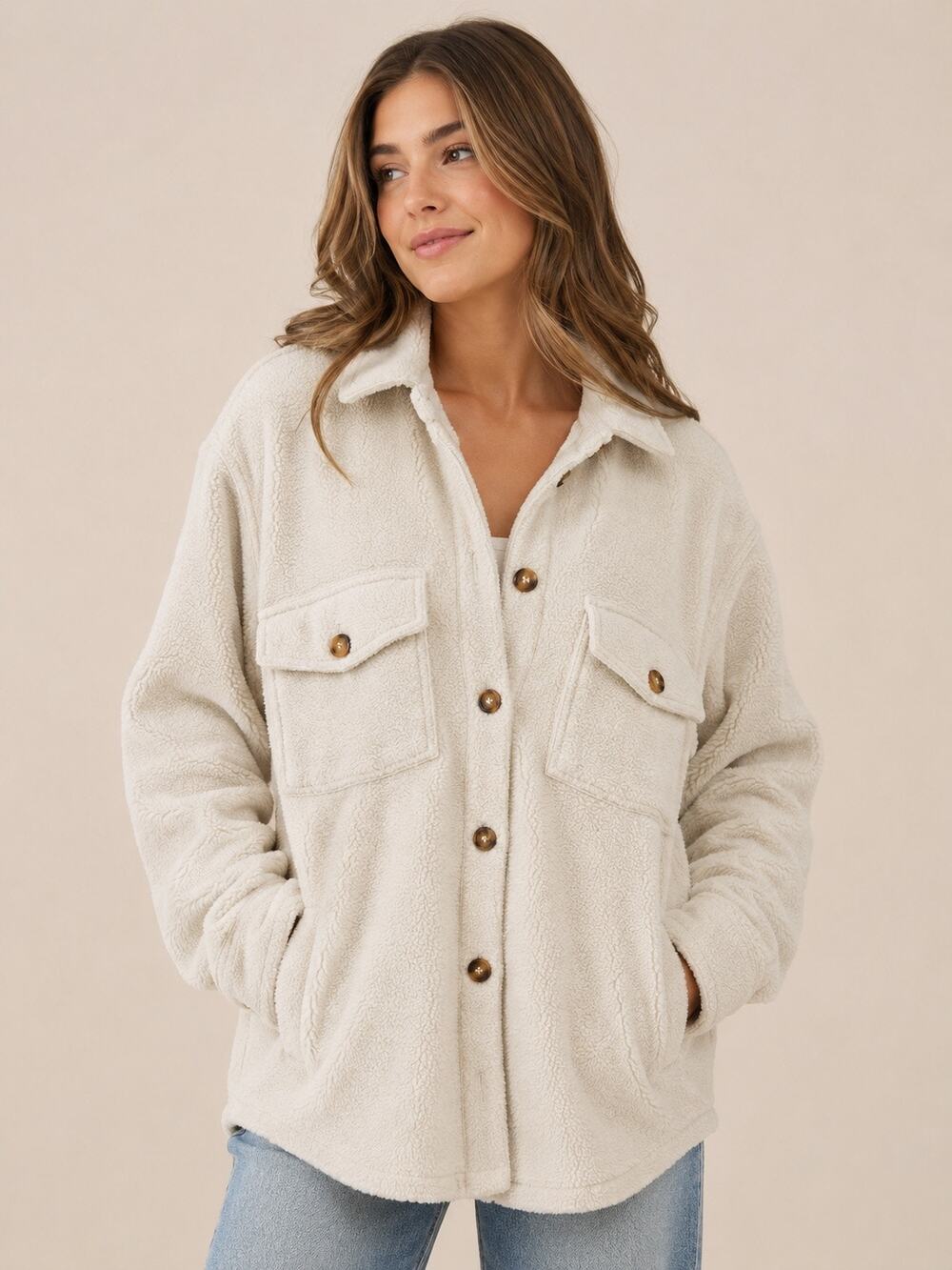Alter’d State Cream Teddy Fleece Shirt Jacket / Shacket